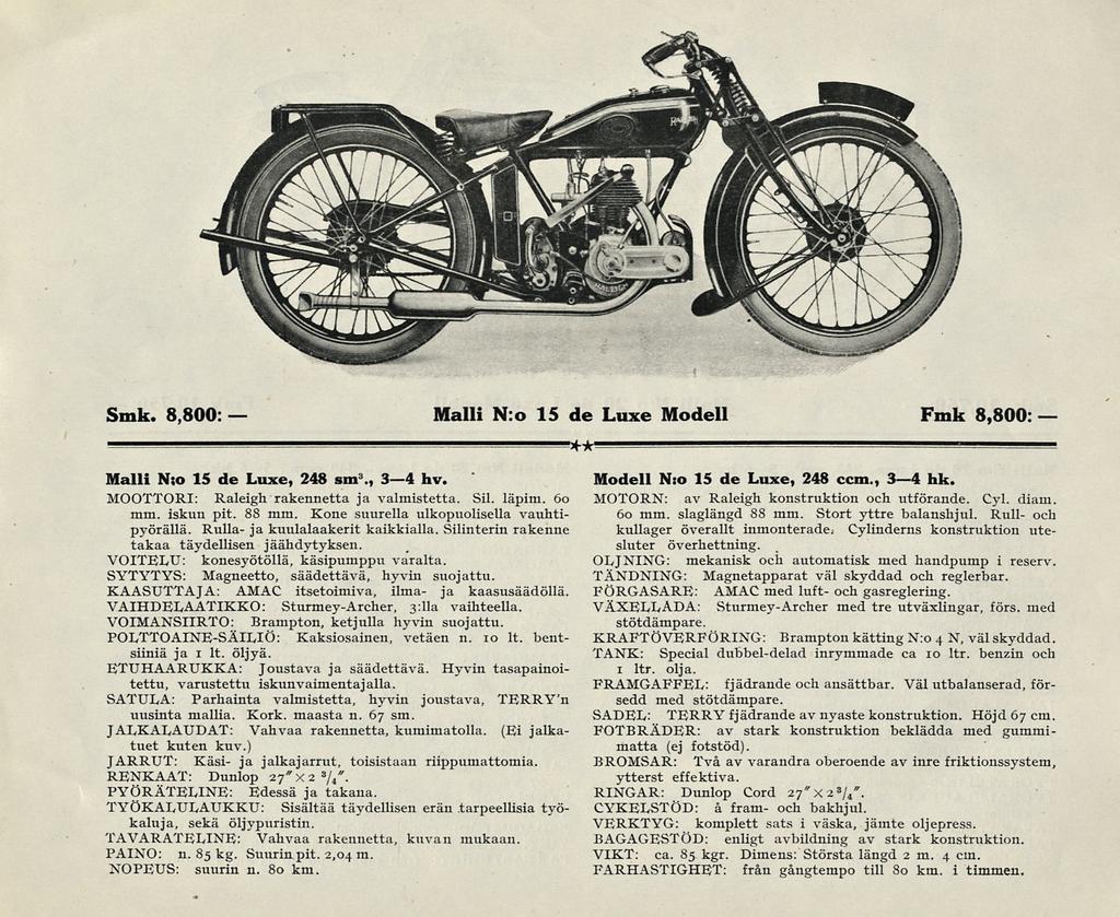 Smk. 8,800 Malli N:o 15 de Luxe Modell Fmk 8,800: Malli N:o 15 de Luxe, 248 sm 3., 34 hv. MOOTTORI: Raleigh rakennetta ja valmistetta. Sil. läpim. 6o mm. iskun pit. 88 mm.