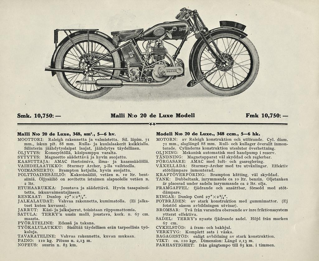 Smk. 10,750 Malli N:o 20 de Luxe Modell Fmk 10,750 '**' Malli N:o 20 de Luxe, 348, sm 3., 56 hv. Modell N:o 20 de Luxe., 348 ccm., 56 hk. MOOTTORI: Raleigh rakennetta ja valmistetta. Sil. läpim.