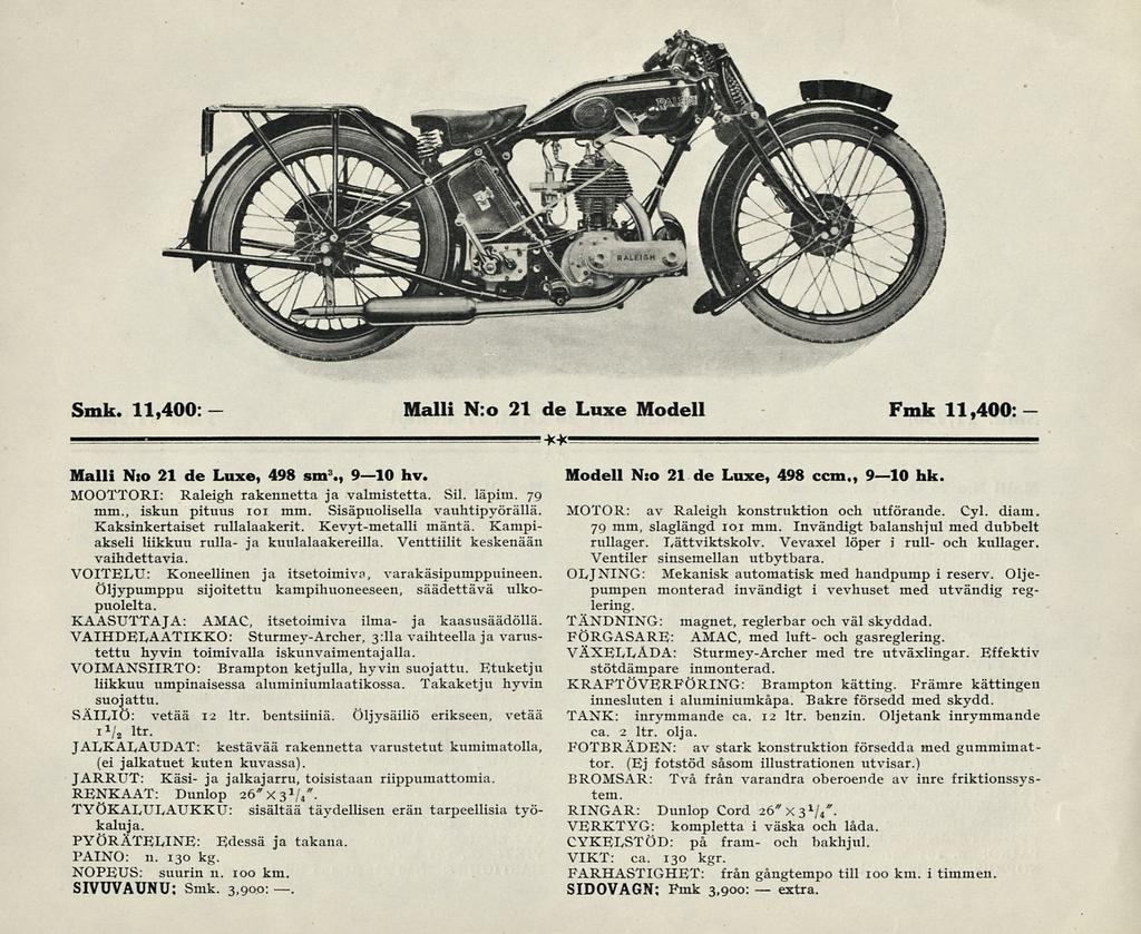 Smk. 11,400 Malli N:o 21 de Luxe Modell Fmk 11,400 **' Malli Nio 21 de Luxe, 498 sm 3., 9lo hv. MOOTTORI: Raleigh rakennetta ja valmistetta. Sil. läpim. 79 mm., iskun pituus 101 mm.