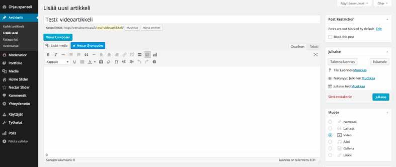 7 Videoartikkeli Videoartikkelin luominen aloitetaan normaalisti lisäämällä uusi artikkeli.