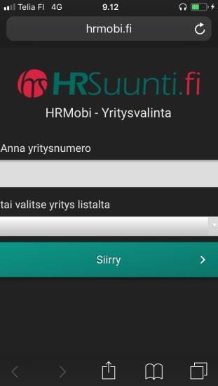 Sisäänkirjautuminen * Kirjoita HRSuunnilta saamasi yritysnumero ko.kenttään tai valitse yrityksen nimi alasvetovalikosta.