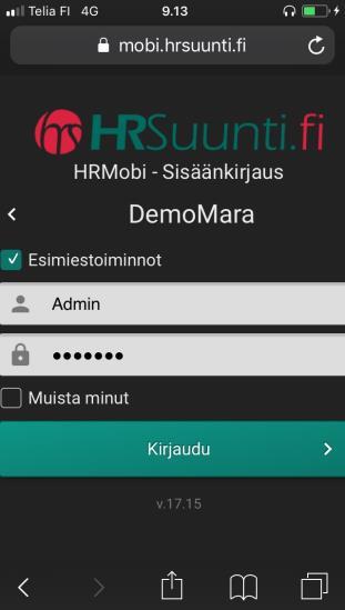 Esimiestoiminnot -valinnalla käyttäjätunnus sekä salasana, ovat samat, joita esimies käyttää HRSuunti työvuorosuunnittelun puolella. Esim.