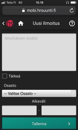 HRMobin esimiespuolen toiminnoissa on käytössä ilmoitustaulun perustoiminnot, sisältäen uuden ilmoituksen lisäämisen sekä olemassa olevien ilmoitusten selailun ja