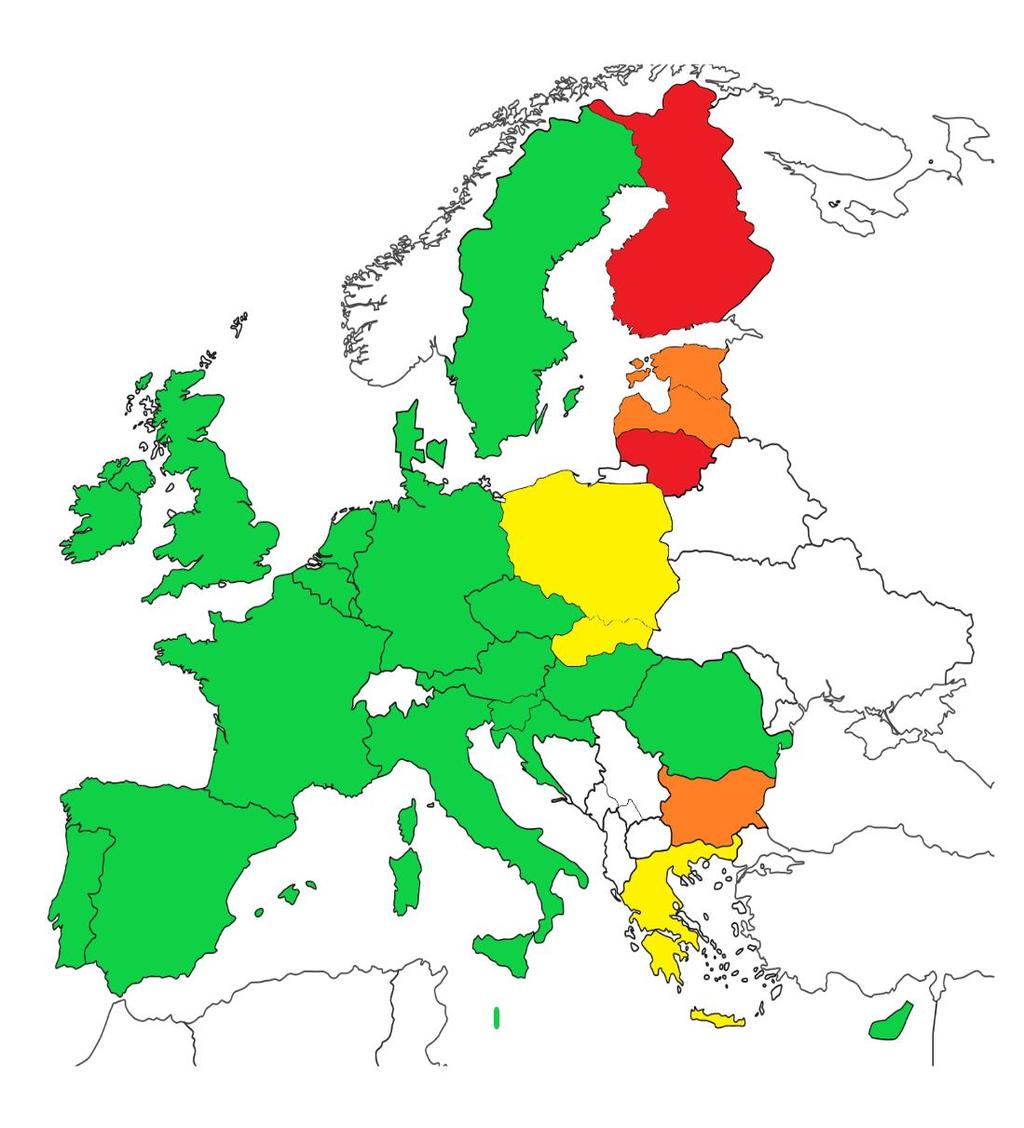 2) Venäjän osuus EU-maiden tuonnista vuosina 213 ja 216 (%) 213