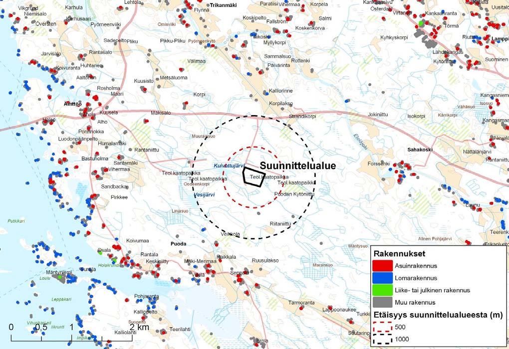 Kuva 5.3 Lähimmät häiriintyvät kohteet. 5.2.