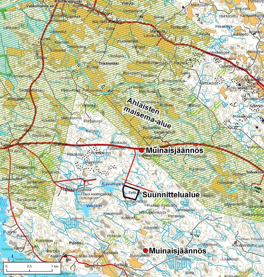 Kuva 5.8. Ahlaisten maisema-alue ja muinaisjäännökset. 5.9.3Vaikutukset maisemaan ja kulttuuriperintöön Etäisyydestä johtuen hankkeella ei ole muinaisjäännöksiin kohdistuvia vaikutuksia.