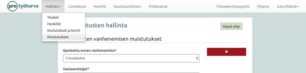 Muistutukset Automaattinen sähköpostimuistutus koulutusten ja korttien vanhenemisajasta voidaan lisätä Hallinta-valikon Muistutukset-osiossa.