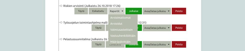 Muuta Raportit-nappi on käytettävissä ainoastaan kemikaaliluettelon ja riskien arvioinnin kohdalla. Kemikaaliluettelon raportit sisältävät palavien aineiden listauksen.