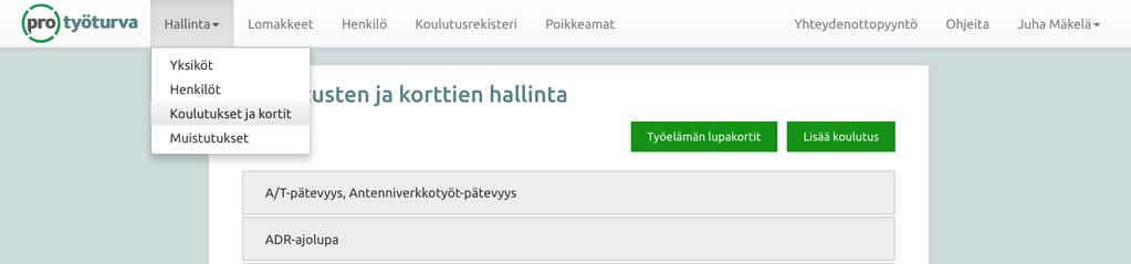 Henkilöllä näkyy pääsivulla navigointipalkissa nämä osiot: Henkilö Koulutusrekisteri laajemmassa versiossa hänelle näkyy myös Henkilö-osio, jossa hän pääsee tutustumaan omiin työhön perehdytyksiin,