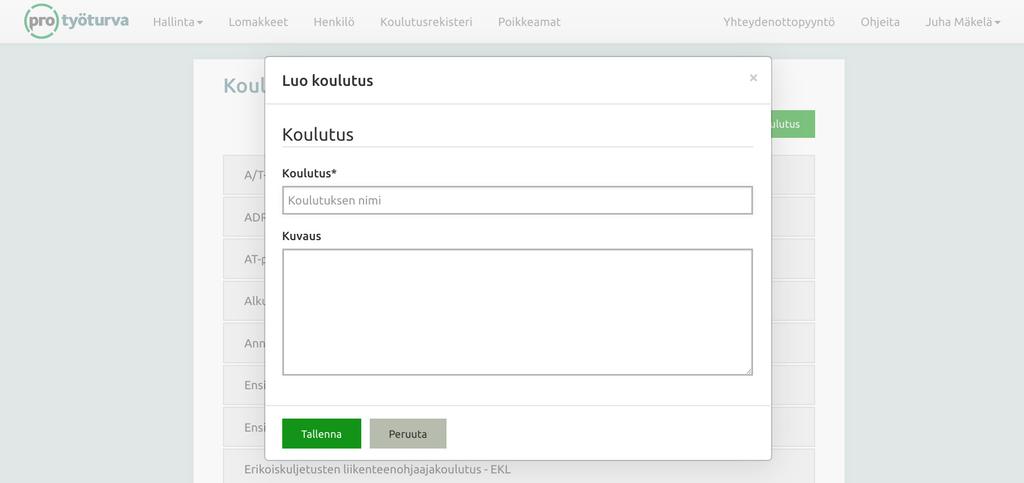 Kuva: Koulutusten ja korttien hallinta Koulutukselle voidaan antaa