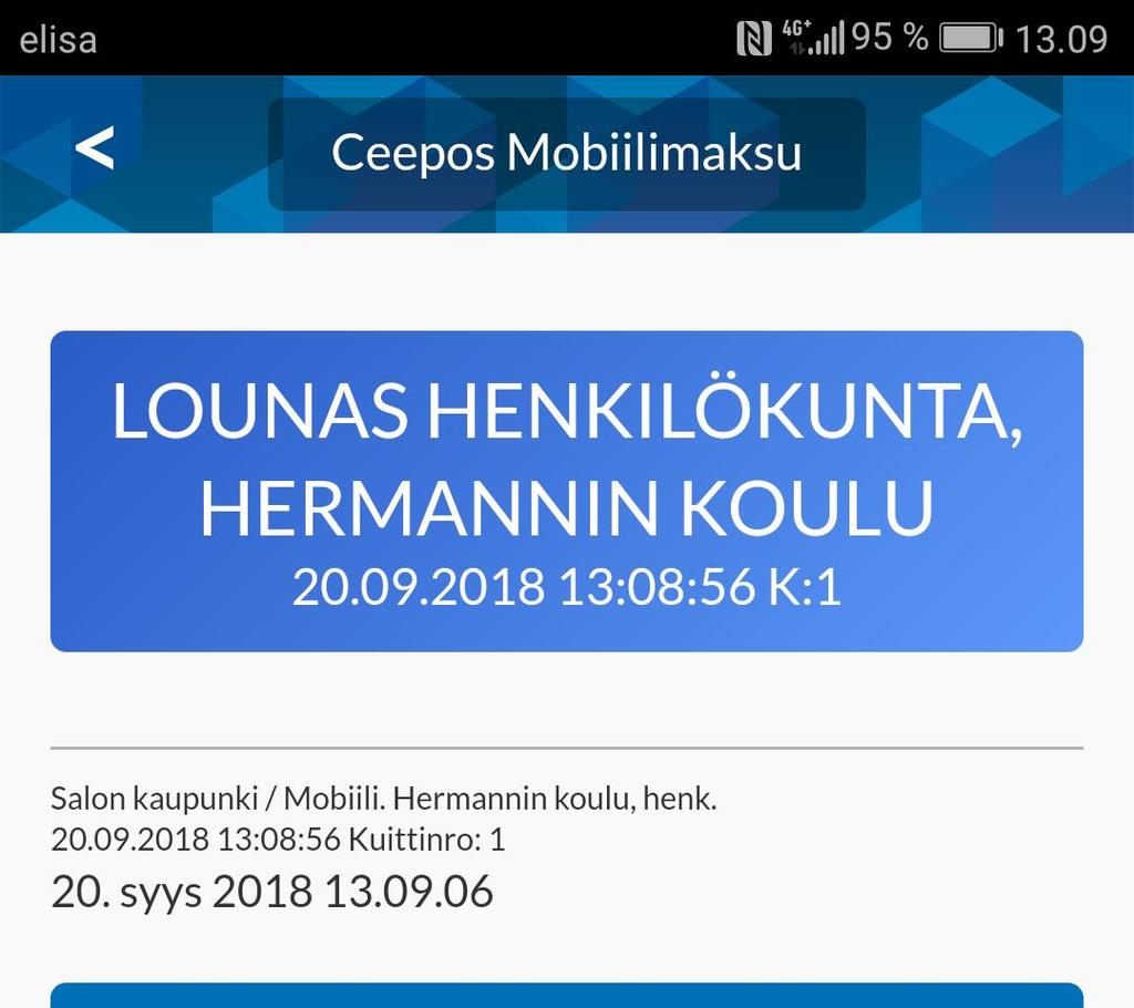 Kuitille tulee näkyviin käytetty tuotelippu, päivämäärä ja kellonaika.