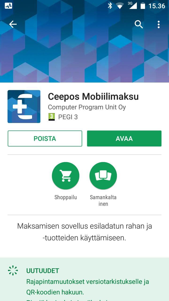 3 1. Ceepos Mobiilimaksu Ceepos Mobiilimaksu on älypuhelimeen ladattava maksusovellus. Mobiilimaksusovellus vaatii toimiakseen vähintään Android-version 4.4 tai Apple ios 10:n.