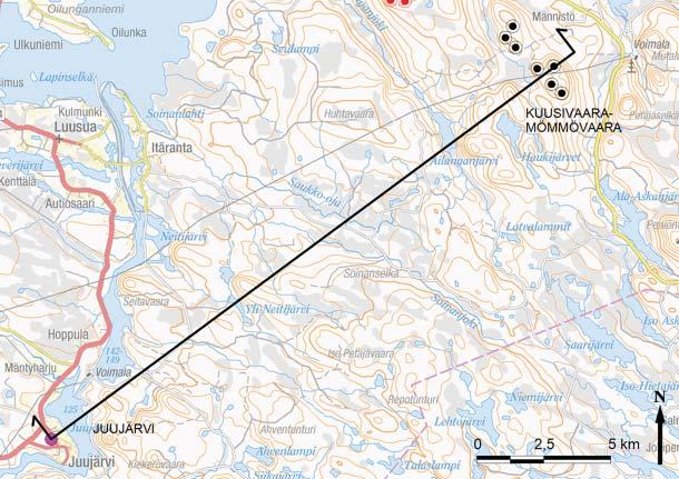 Suurennos näkymäalueanalyysistä, VE 3. Maisema-alueen, joka on raja u kuvassa punaisella, länsireunassa on pieni alue, johon näkyy 1-4 Kuusivaara-Mömmövaaran voimalaa. Kuva 119.