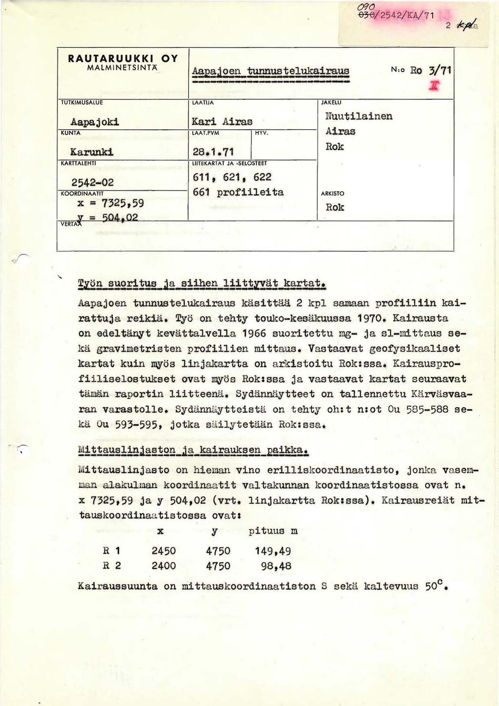 010 B7e/254 2/KA/71 RAUTARUUKK MALMNETSJNTÄ OY ~~aj~~~_~u2~2~-!ir.a~2 ------..--..-...-_...-_.- - N:o Ro 3/71 TUTKMUSALUE LAATJA JAKELU Aapajoki Kari Airas KUNTA laat.pvm HYV. Airas Karunk1 28.1.71 KARTALEHT 2542.
