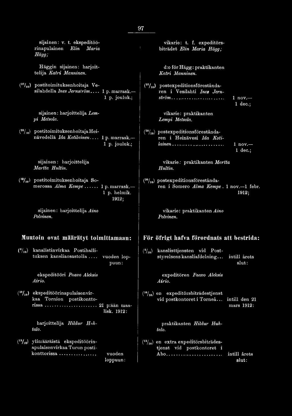 helmik. sijainen: harjoittelija Aino Polvinen. (3%o) postexpeditionsföreständaren i Somero Alma Kempe. 1 nov. 1 febr. vikarie: praktikanten Aino Polvinen.