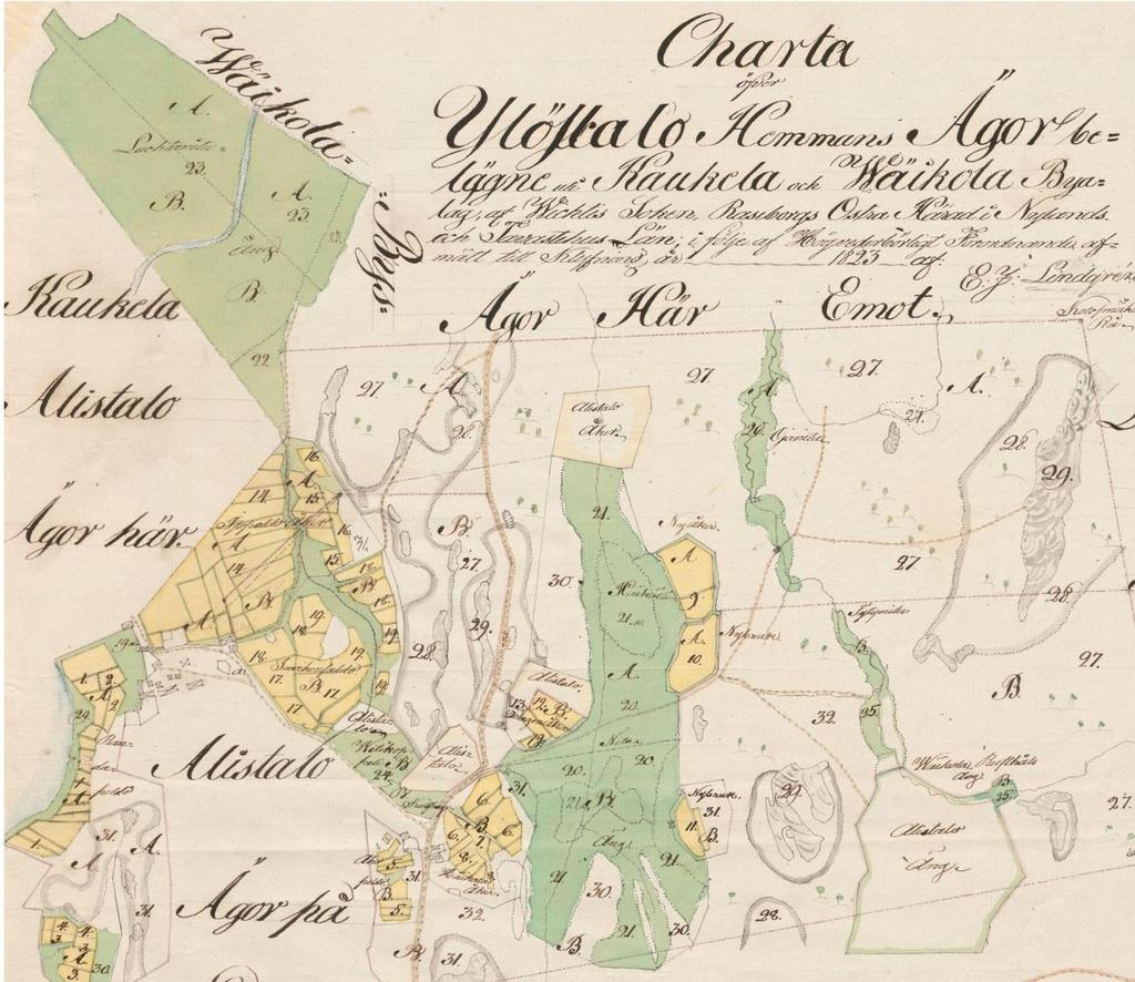 39 Kaukoila Ylöstalo toimituskartta v. 1823. Vanha tielinja (keskellä) paikantuu selkeästi.