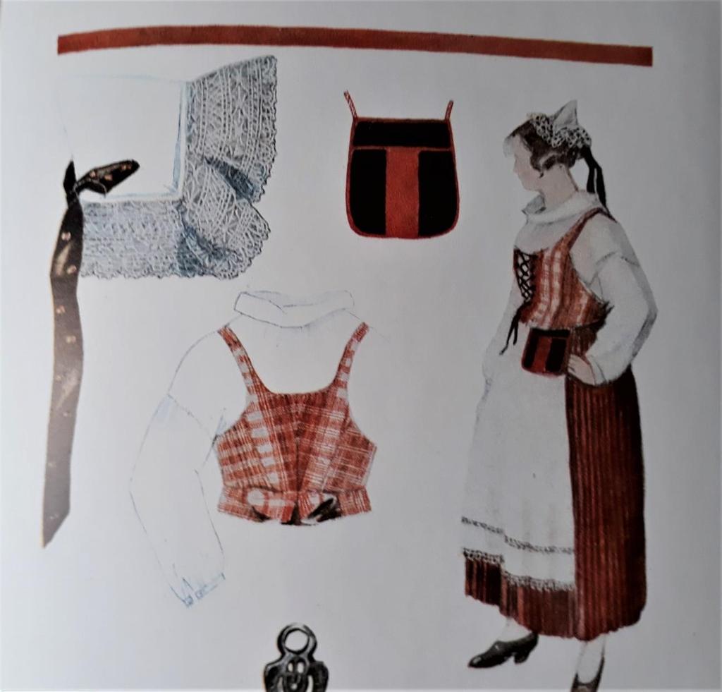 14 Kuva 2. Hämeen kansallispuku Sireliuksen mukaan. Akvarelli: Toivo Vikstedt. Sirelius, U. T. (1922). Suomen kansallispukuja II.