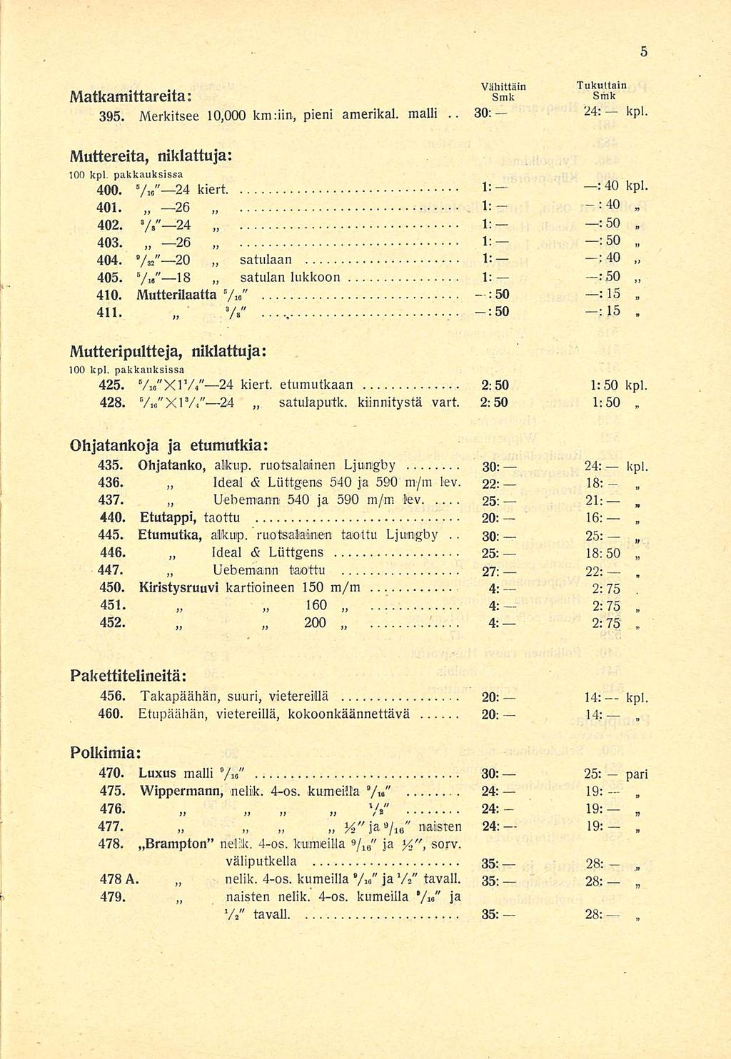 4: 30: 25: ;50 25: 19: 19: 28: : Vähittäin Tukuttain Matkanuttareua: smt smk 395 Merkitsee 10000 kmiiin pieni amerikal malli 24: kpl Muttereita niklattuja: 100 kpl pakkauksissa 400 24 kiert E 401 402