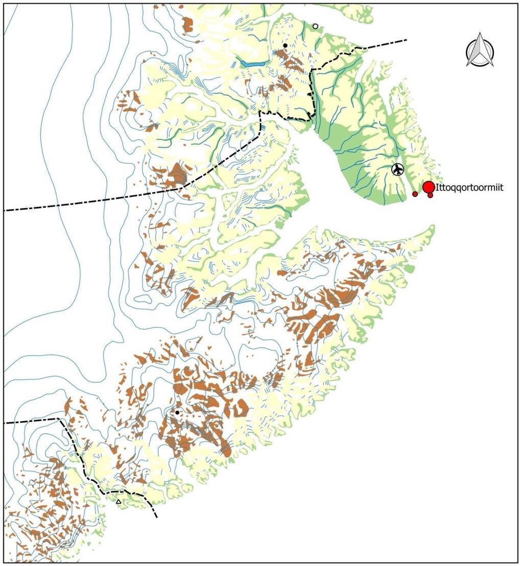 Ilanngussaq 3: Ittoqqortoormiit aqutsiveqarfiat Aqutsiveqarfiup kujammut killeqarpoq titarnernik narlusumik allorniusat ammukartut 44 o iat allorniusallu sanimukartut 69 o -iata naapiffiani kangimut