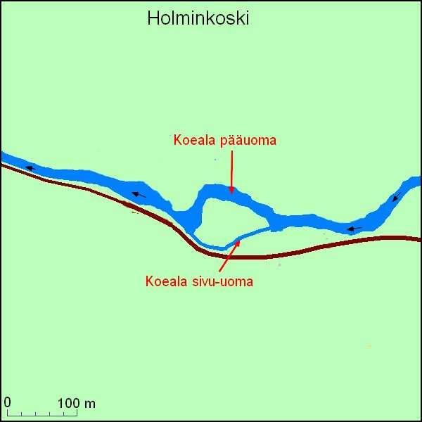 4 Kuva 1. Kartta Holminkosken koealoista 3.1.1 Holminkosken pääuoman koeala Pääuoman sähkökoekalastus tehtiin 19.8.2011.