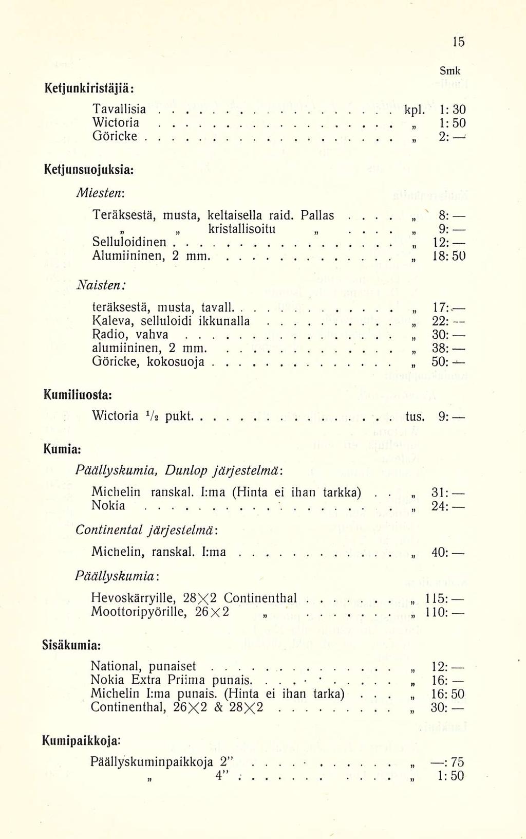 . Ketjunkiristäjiä: Tavallisia kpl. 1:30 Wictoria 1:50 Göricke 2: Ketjunsuojuksia: Miesten-. Teräksestä, musta, keltaisella raid.