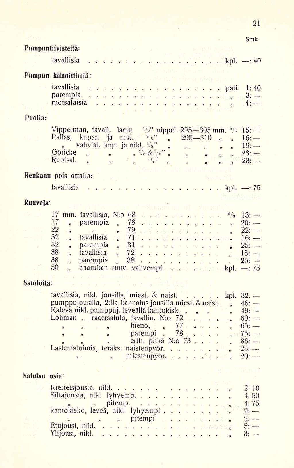 Pumpuntiivisteitä: tavallisia kpl. : 40 Pumpun kiinnittimiä: Puolia: tavallisia pari 1:40 parempia 3: ruotsalaisia 4; Vippeiman, tavall. laatu VV nippel. 295 305 mm. % 15: Pallas, kupar. ja nikl.