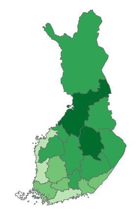 ALUEELLISEN PAINOTUKSEN POHJANA HYÖDYNNETTIIN MIELENTERVEYSINDEKSIÄ MAAKUNNITTAIN 2015 (IKÄVAKIOITU) Koulutuksia kohdistettiin erityisesti peittämään alueellisia aukkoja ja täydentämään