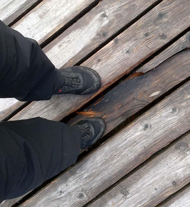 23 Kuva 14 Luupäänlenkin pyörätuolisillalla lahoja lankkuja Konkreettisista kehityskohteista mainittiin pitkospuiden korjaaminen (huonokuntoisten korjaaminen ja korvaaminen), niiden tapituksen