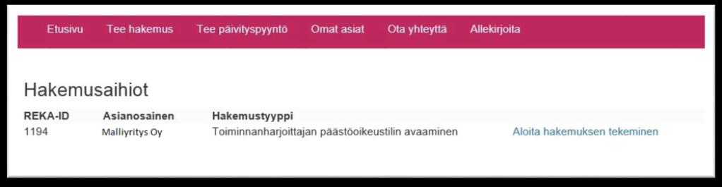 20 (31) 6 Toiminnanharjoittajan päästöoikeustilin avaaminen 1. Aloita kohdasta Tee hakemus. 2. Valitse hakemuksen tyypiksi Pakollisen päästöoikeustilin avaaminen. Etene valinnalla Jatka. 6.1.1 Hakemusaihiot Valitse aihiot listalta minkä toiminnanharjoittajan päästöoikeustilin haluat avata.