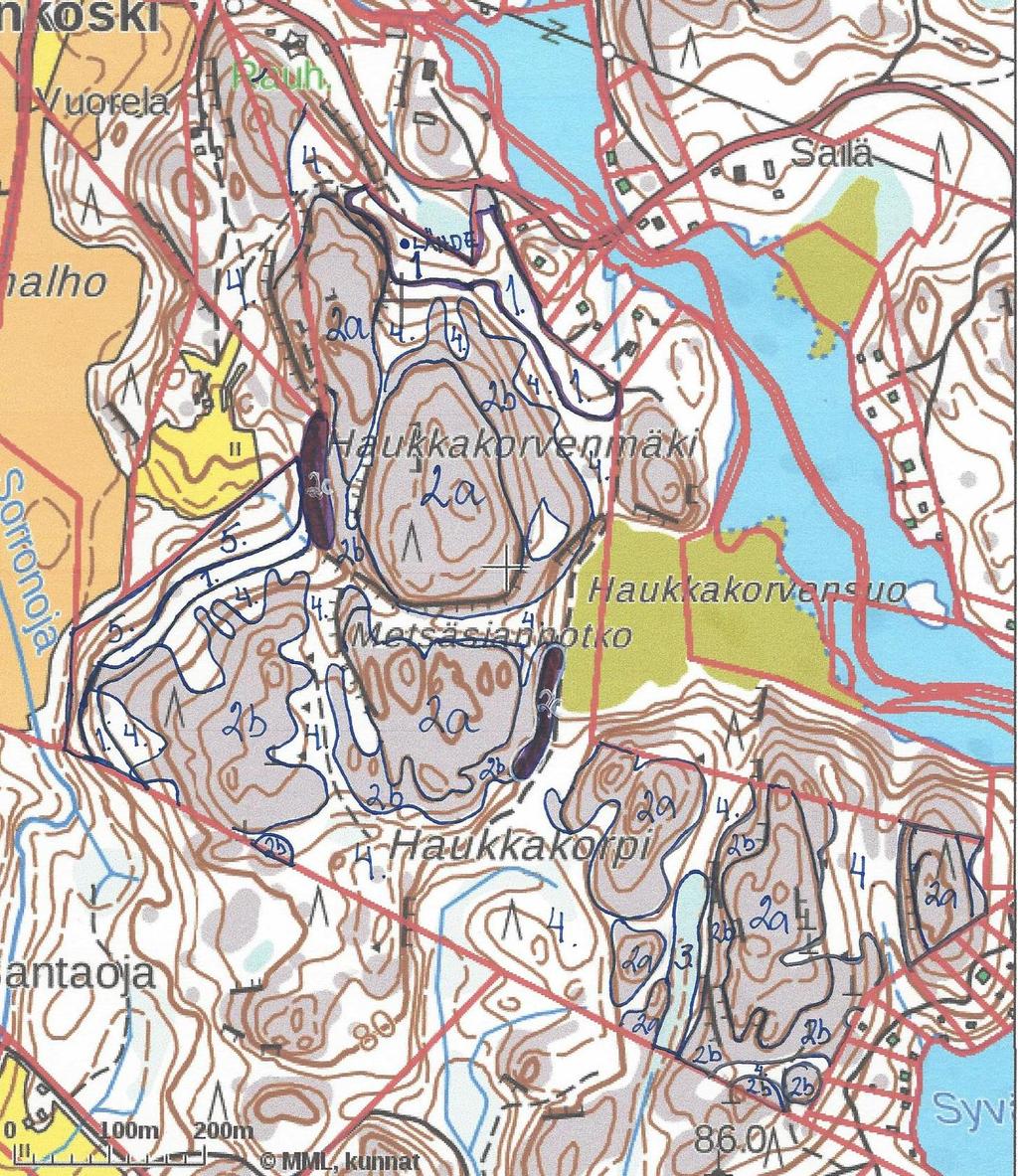 8 Kartta 1: Selvitysalueen luontotyypit Numero 1 on lehtomaista kangasta, numero 2a on luonnontilaista kalliometsää, numero 2b on puolukkatyypin kuivahkoa kangasta, numero 2c (tummennetut alueet)