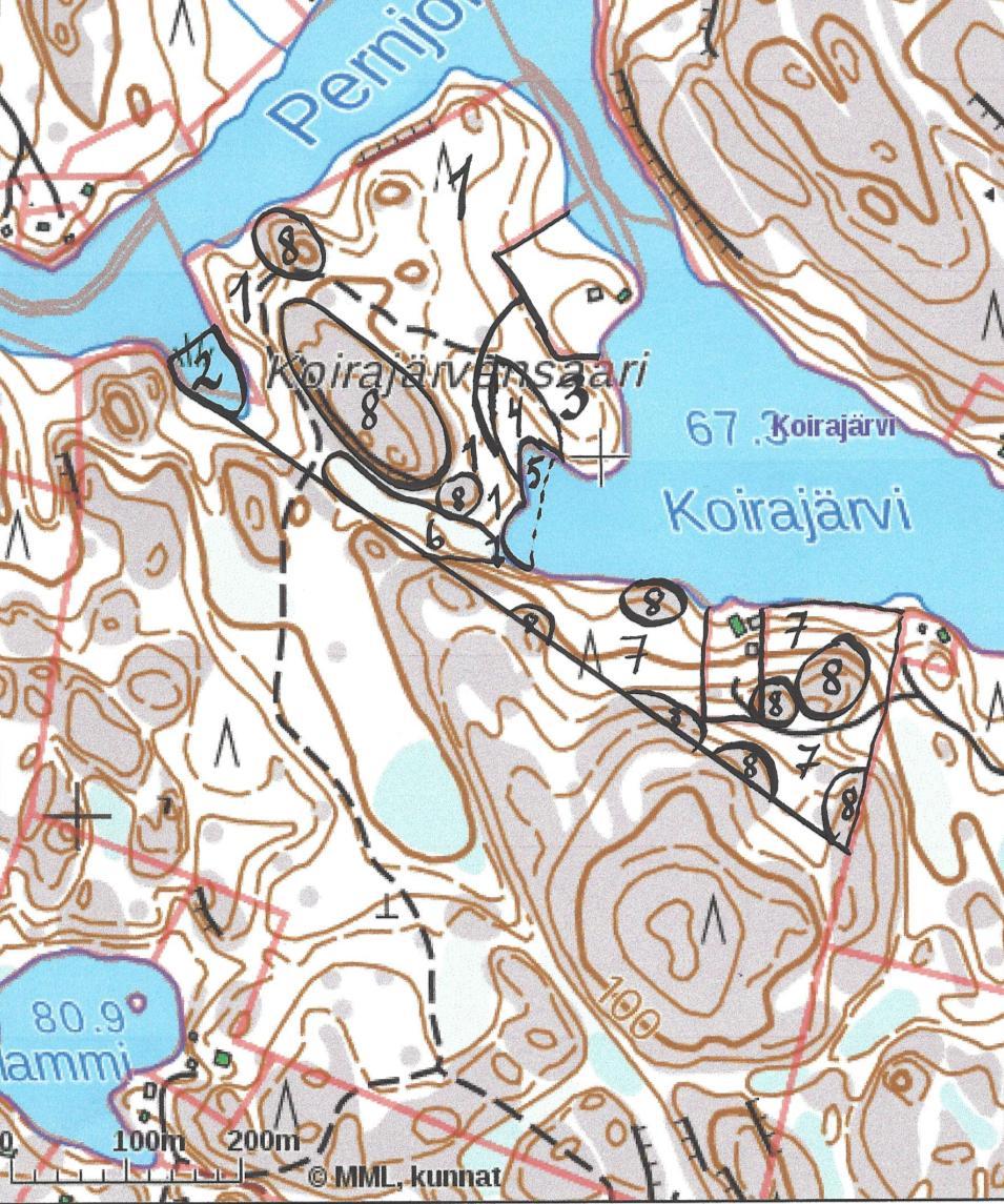 9 Kartta 2: Selvitysalueen kuvioiden rajaus Numero 1 ja 7 ovat mustikkatyypin tuoretta kangasta, numero 2 on avoluhtaa, numero 3 on lehtomaista kangasta, numero 4 on tuoretta lehtoa, numero 5 on