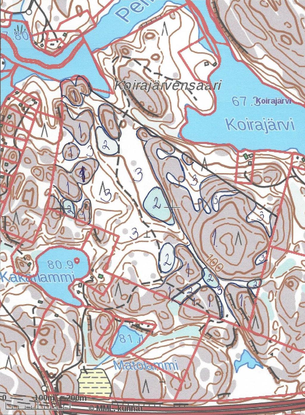 5 Kartta 1: Luontotyypit selvitysalueella Numero 1 on kalliometsää (VR), numero 2 on metsän soistumia ja numero 3 on mustikkatyypin tuoretta kangasta. 3Arvokkaat elinympäristöt ja uhanalaiset lajit 3.