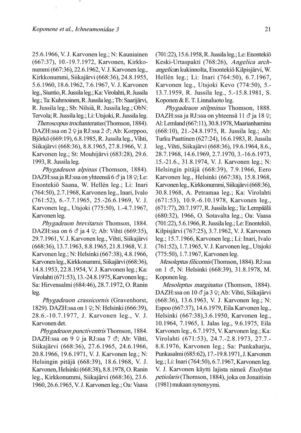 Koponene et al., Ichneumonidae 3 2l 25.6.1966,V. J. Karvonen leg.; N: Kauniainen (667 :37), 10.-19.7.1972, Karvonen, Kirkkonummi (667:3 6),22.6.1962,V. J. Karvonen leg., Kirkkonummi, Siikajärvi (668:36), 24.