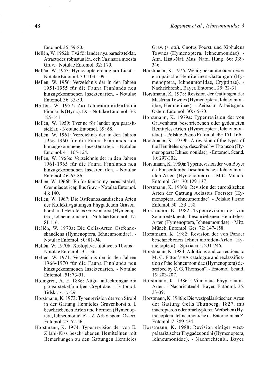 48 Koponen et al., Ichneumonidae 3 Entomol. 35: 59-80. Hellén, W. 1952b: Två fär landet nya parasitsteklar, Atractodes robustus Rn. och Casinaria moesta Grav. - Notulae Entomol. 32:170. Hellén, W. 1953: Hymenopterenfang am Licht.