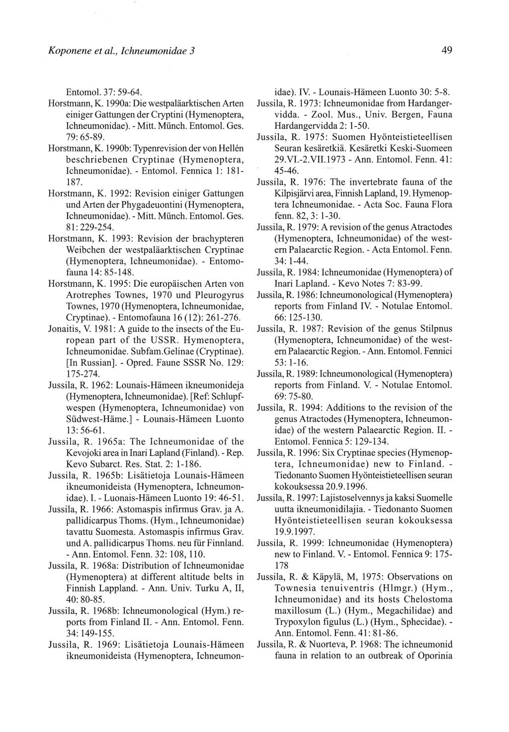 Koponene et al., Ichneumonidae 3 49 Entomol. 37:59-64. Horstmann, K. 1990a: Die wesþaläarktischen Arten einiger Gattungen der Cryptini (Hymenoptera, Ichneumonidae). - Mitt. Münch. Entomol. Ges.