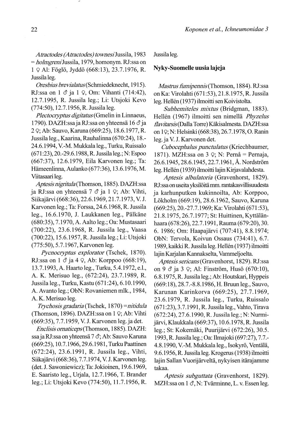 22 Koponen et ai., Ichneumonidae 3 Atractodes (Atractodes) townesr Jussila, I 983 : holmgrenijussila, 1979, homonym. Rl:ssaon I 9 Al: Föglö, Jyddö (668:13), 23.7.1976,R. Jr.rssilaleg.
