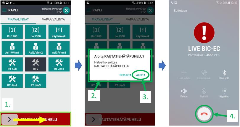 VÄYLÄVIRASTO Opas 41 (46) Rautatiehätäpuhelun soittaminen ja vastaanottaminen Rautatiehätäpuhelu-painike sijaitsee näytön alareunassa (1.). Soitat rautatiehätäpuhelun liu'uttamalla hätäpuhelupainiketta oikealle.