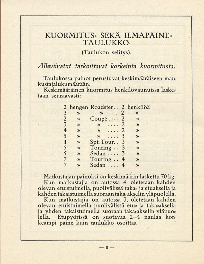 8... 2... 3 3 4 KUORMTUS* SEKÄ LMAPANE* TAULUKKO (Taulukon selitys). Alleviivatut tarkoittavat korkeinta kuormitusta. Taulukossa painot perustuvat keskimääräiseen mat* kustajalukumäärään.