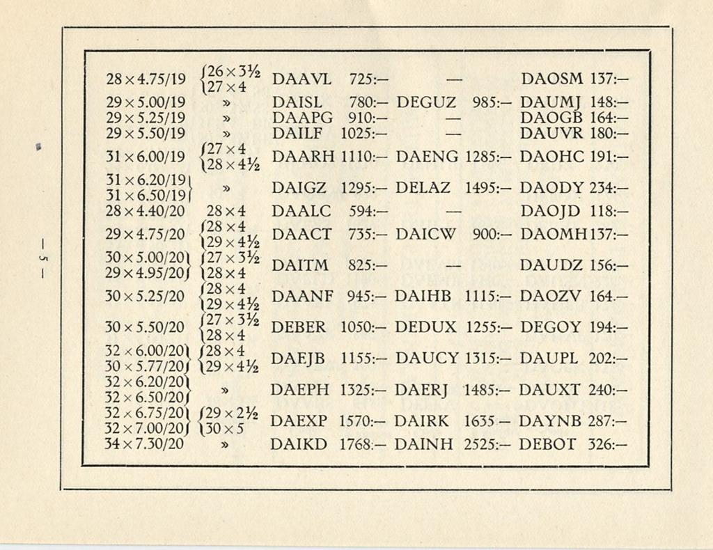 i >~n 28x4.75/19 {27x4 1/2 DAAVL 725:~ DAOSM 137: 29x5.00/19 DASL 780:- DEGUZ 985:- DAUMJ 148: 29x5.25/19 DAAPG 910:- DAOGB 164: 29x5.50/19 DALF 1025:- DAUVR 180: 31x6.