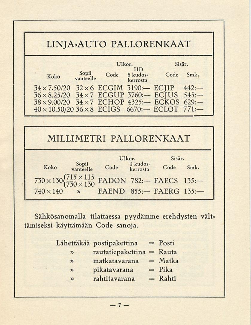 - - 7 LNJA.AUTO PALLORENKAAT Ulkor. Sisar. HD Knlco Koko P"i, Code 8 kudosvanteelle kerrosta Code Smk 34x7.50/20 32x6 ECGM 3190: ECJP 442: 36x8.25/20 34x7 ECGUP 3760. ECJUS 545: 38x9.