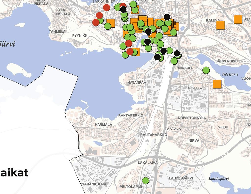 aluepuistoon, Mustalahteen, Rantatunnelin itäpäähän, Hämeenpuiston eteläpäähän, Hervannan