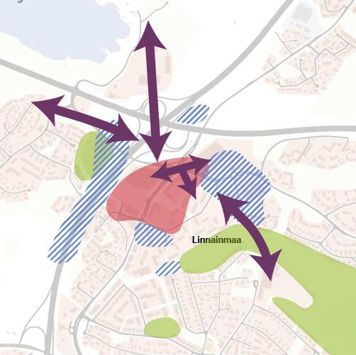 -31- LINNAINMAA-KOILLISKESKUS Kehittämisideat ja johtopäätökset Jalankulku- ja pyöräily-yhteyksiä on parannettava paljon, sillä ne ovat tällä hetkellä epäloogisia ja epäjatkuvia, eivätkä ollenkaan