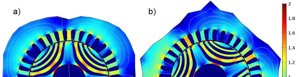 51 Figure 3.20(a) has same rotor position and flux distribution as in figure 3.10(a). Figure 3.21 shows the optimized models for these two operating points. Figure 3.21. Optimized geometries for case 3 at operating points a), and b), Figure 3.