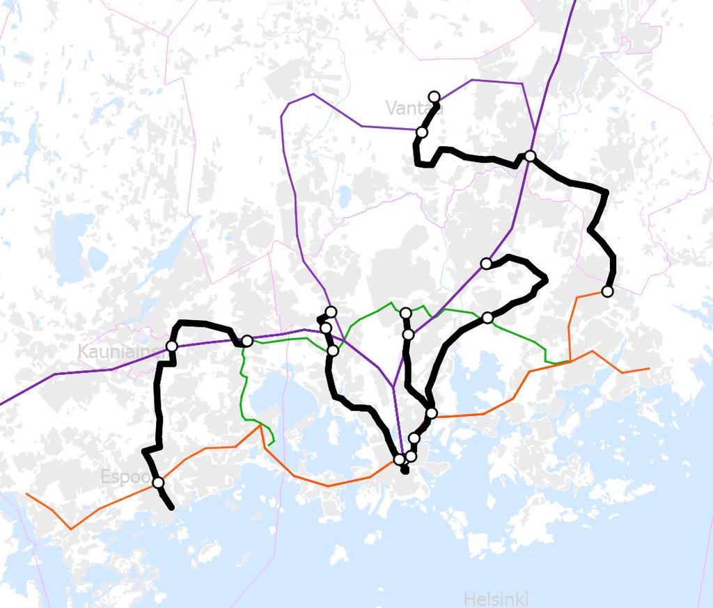 Seudullinen pikaraitiotieverkko Uudet verkostomaiset yhteydet kestävän kasvun mahdollistajina Pikaraitiotieverkkoa kehitetään siten, että vuoteen 2030 mennessä aloitetaan seuraavien yhteyksien