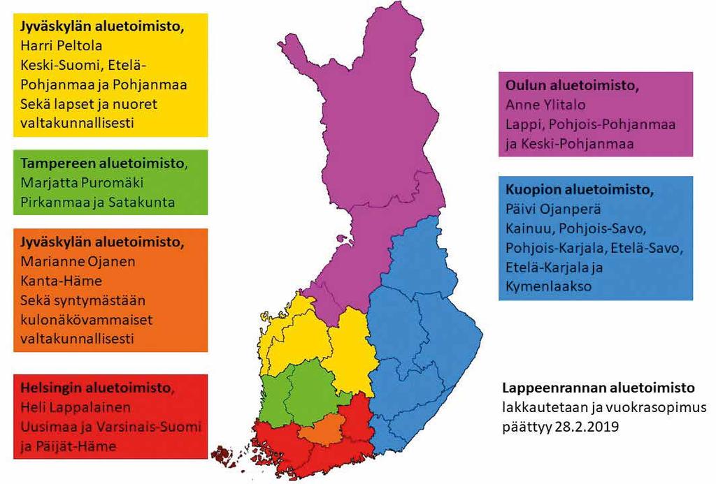 Suomen Kuurosokeat ry:n aluepalvelujen uusi jako. Jyväskylän aluetoimistossa palveluasiantuntijoita ovat Harri Peltola ja Marianne Ojanen.