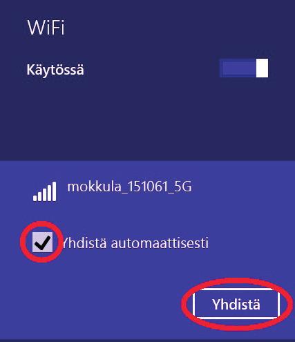 X-kirjaimet ovat yksilölliset jokaista laitetta kohti. Laita ruksi kohtaan Yhdistä automaattisesti/ Connect automatically ja paina Yhdistä/Connect.