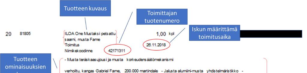 Kuva 3 Iskun ostotilausrivillä olevat tiedot 3 Tilausvahvistus Tilausvahvistuksella on vahva juridinen merkitys, sillä Isku katsoo sopimuksen syntyneeksi vasta kun tavarantoimittaja on vahvistanut