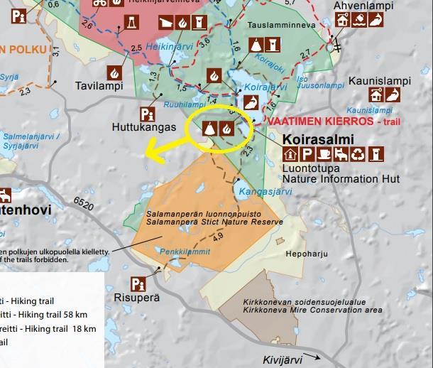 23 Metsähallituksen oppaan kartassa Pahapuron lenkin päällä olevat kota- ja tulipaikkaikonit saattavat nopealla vilkaisulla antaa olettaa kohteiden olevan juuri kyseisellä reitillä.