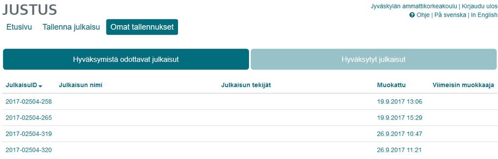 Omat tallennukset -kohdassa näet listauksen tallentamistasi julkaisuista. Voit tarkastella yksittäisen julkaisun tietoja klikkaamalla ensimmäisessä sarakkeessa olevaa numerosarjaa (julkaisuid).