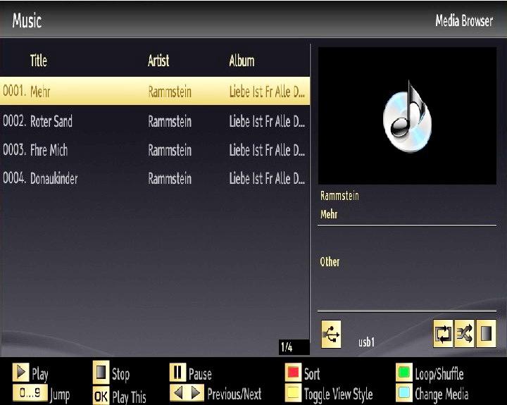 Playing Music via USB When you select Music from the main options, available audio files will be filtered and listed on this screen. Press BACK button to switch back to previous menu.